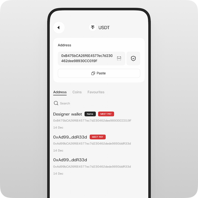 Enter the recipient’s wallet address. You can paste it from your clipboard or choose one from the wallets you’ve sent to before.