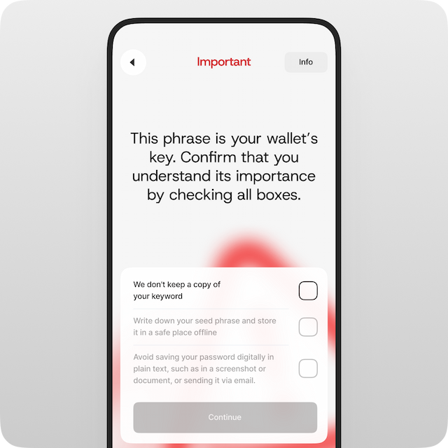 Confirm that you understand the importance of your seed phrase by checking all boxes.