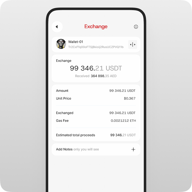 Review the transaction details: rate, exchange fee, network fee. Add a note if needed.