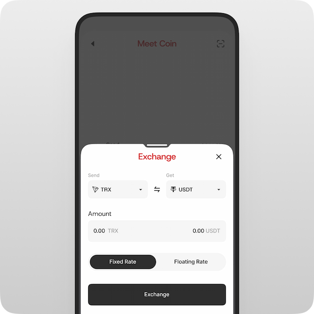 Tap the **“Exchange”** button to start exchanging one cryptocurrency for another.