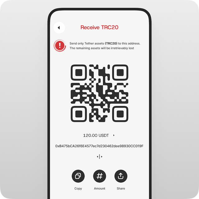 Review the final QR code with the amount and address. Copy the address or share the QR code with the sender. Done — just wait for the transfer to arrive!