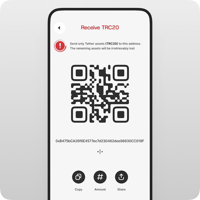Generate a QR code to receive funds — double-check that the address and network are correct. Never send other tokens to this address to avoid losing them!