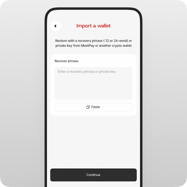 Enter or paste your recovery phrase (12 or 24 words) or private key from Meetpay or another crypto wallet. Tap **“Continue”**.